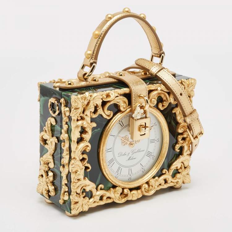 Pre Owned Dolce & Gabbana Gold/Green Acrylic and Leather Orologio Barocco Dolce Box Bag