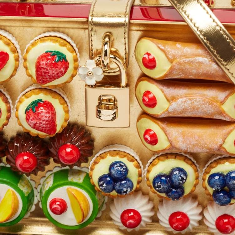 Pre Owned Dolce & Gabbana Red/Gold Acrylic and Patent Leather Dessert Embellished Dolce Box Bag