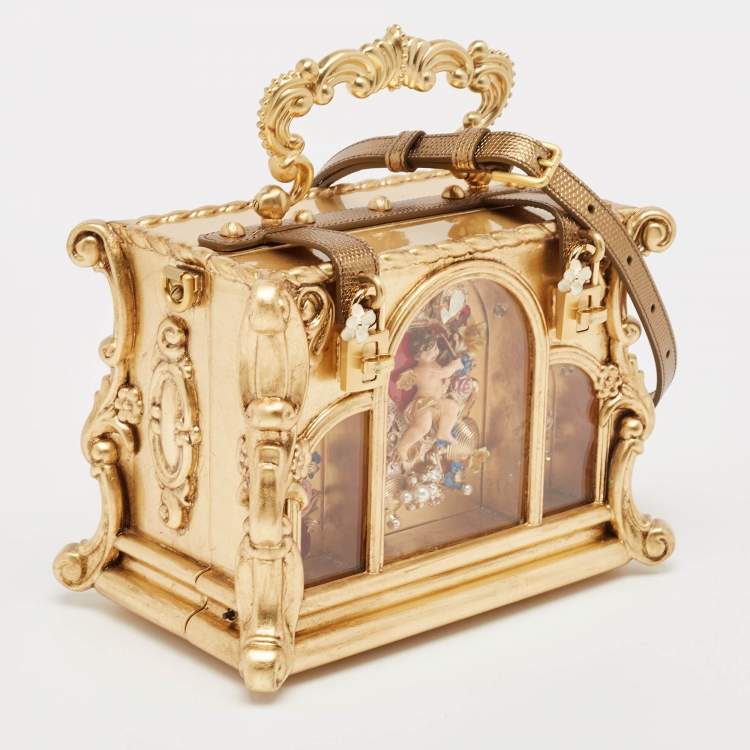 Pre Owned Dolce & Gabbana Gold Wood Angel Cherub Box Top Handle Bag