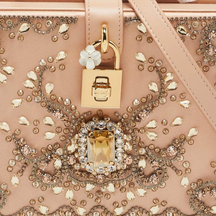 Pre Owned Dolce & Gabbana Beige Satin and Leather Crystal Embellished Rosaria Box Top Handle Bag