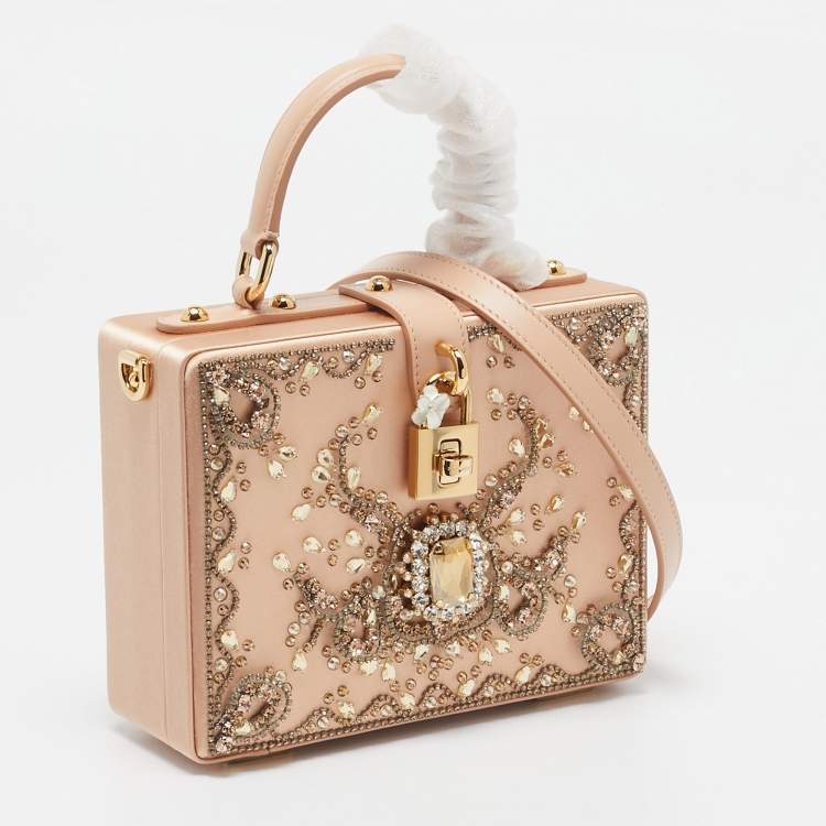 Pre Owned Dolce & Gabbana Beige Satin and Leather Crystal Embellished Rosaria Box Top Handle Bag
