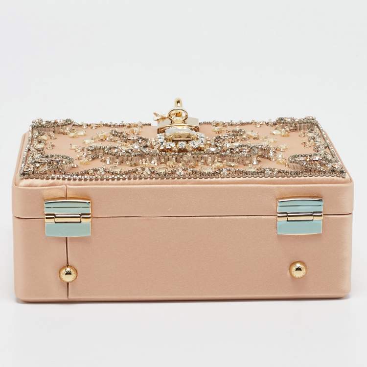 Pre Owned Dolce & Gabbana Beige Satin and Leather Crystal Embellished Rosaria Box Top Handle Bag