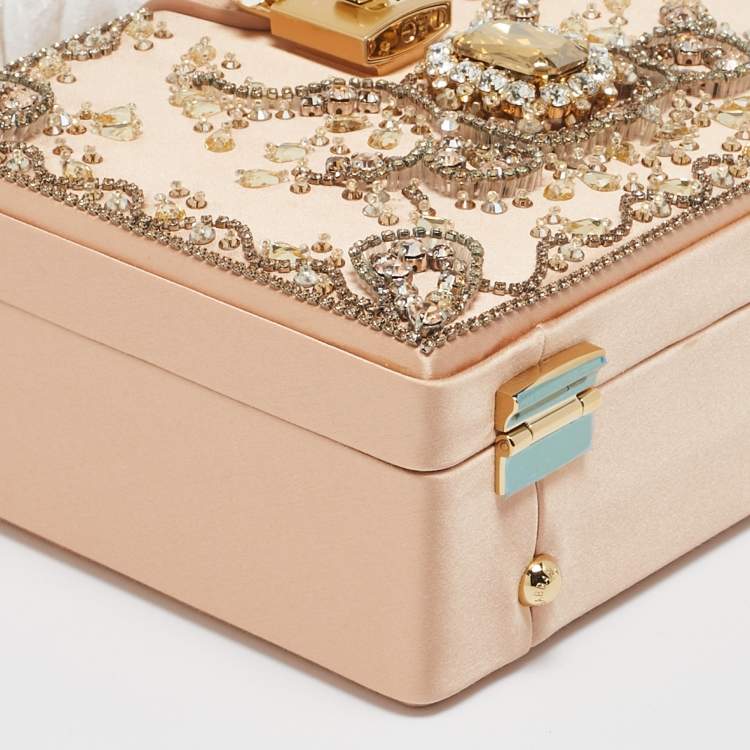 Pre Owned Dolce & Gabbana Beige Satin and Leather Crystal Embellished Rosaria Box Top Handle Bag