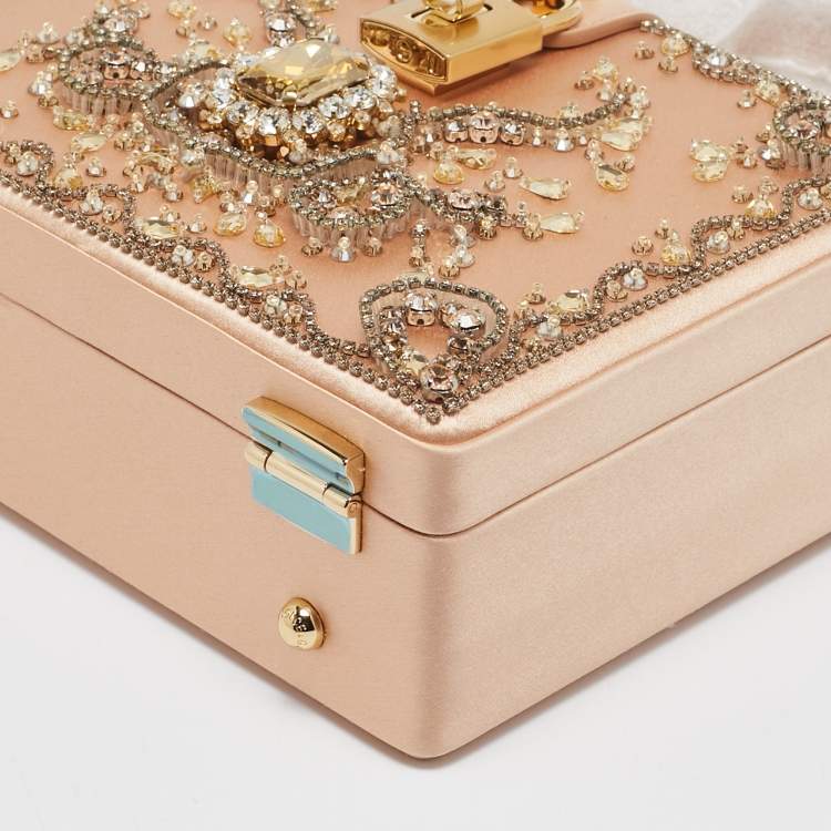Pre Owned Dolce & Gabbana Beige Satin and Leather Crystal Embellished Rosaria Box Top Handle Bag