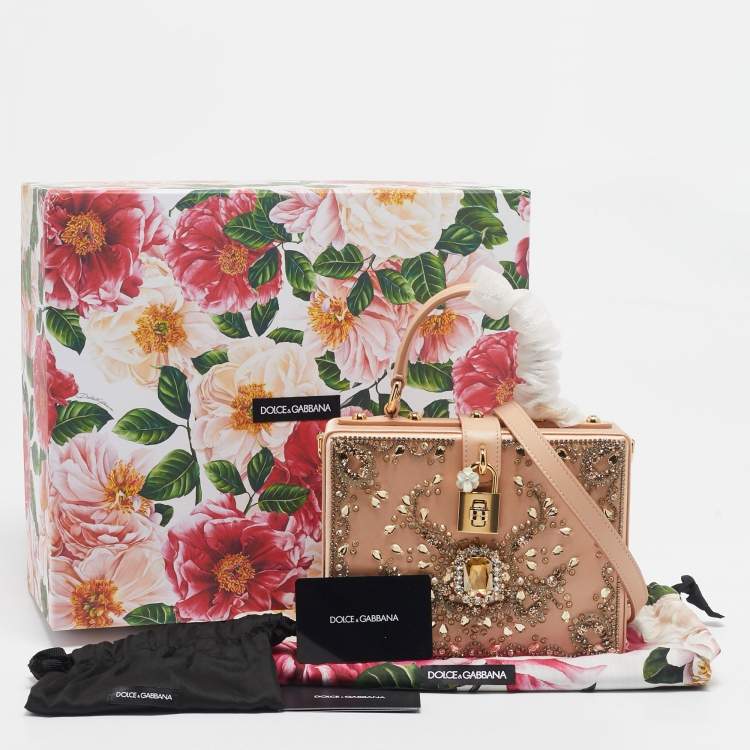 Pre Owned Dolce & Gabbana Beige Satin and Leather Crystal Embellished Rosaria Box Top Handle Bag