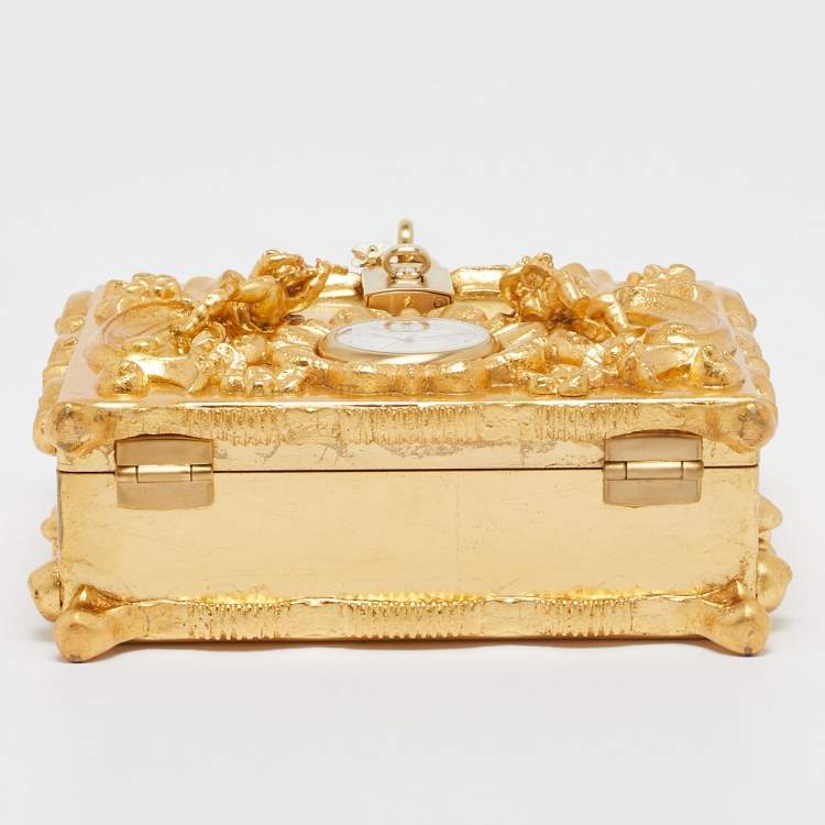 Pre Owned Dolce & Gabbana Gold Barocco Wood Clock Dolce Box Top Handle Bag