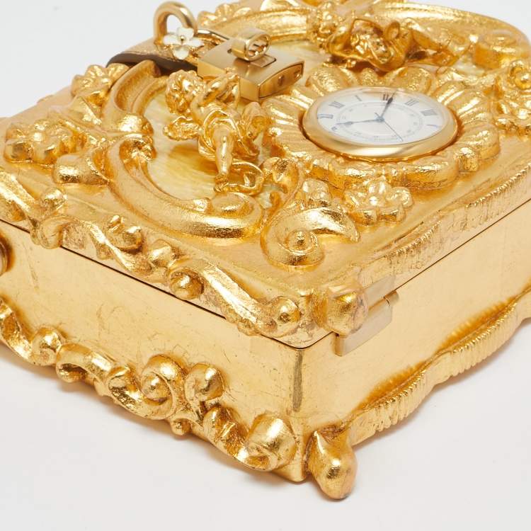 Pre Owned Dolce & Gabbana Gold Barocco Wood Clock Dolce Box Top Handle Bag