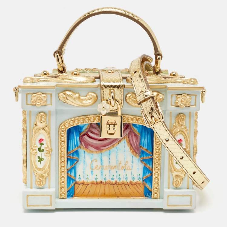 Pre Owned Dolce & Gabbana Gold Acrylic, Wood and Snakeskin Cinderella Dolce Box Top Handle Bag