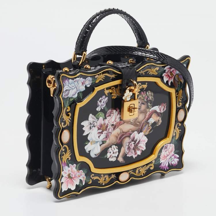 Pre Owned Dolce & Gabbana Black Rose and Cherub Painted Wood Dolce Box Top Handle Bag