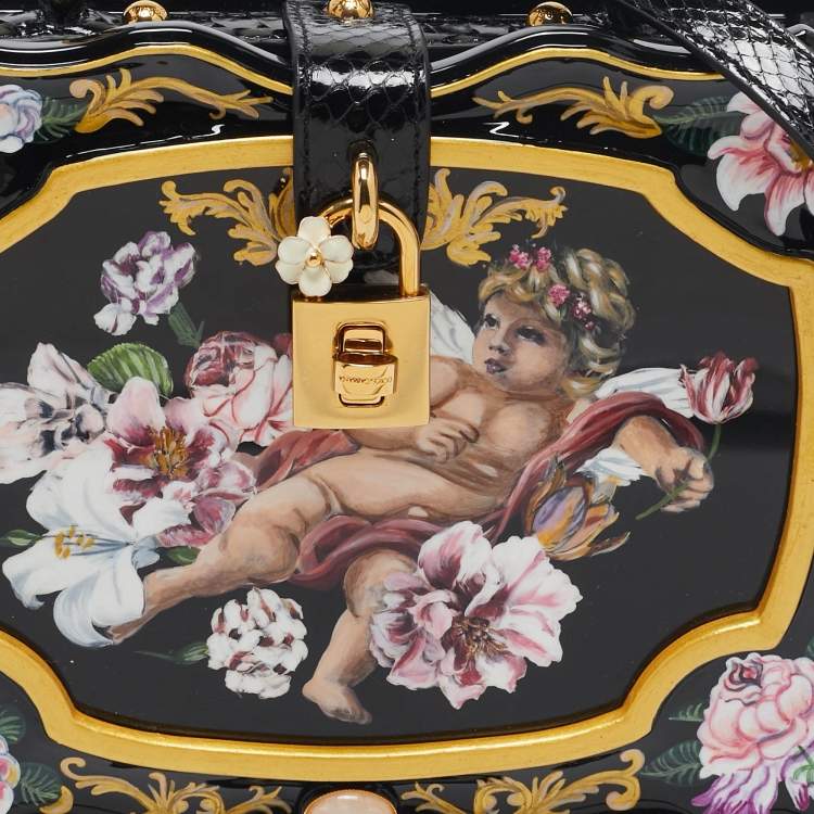 Pre Owned Dolce & Gabbana Black Rose and Cherub Painted Wood Dolce Box Top Handle Bag