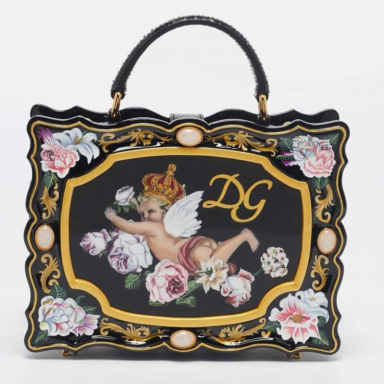 Pre Owned Dolce & Gabbana Black Rose and Cherub Painted Wood Dolce Box Top Handle Bag