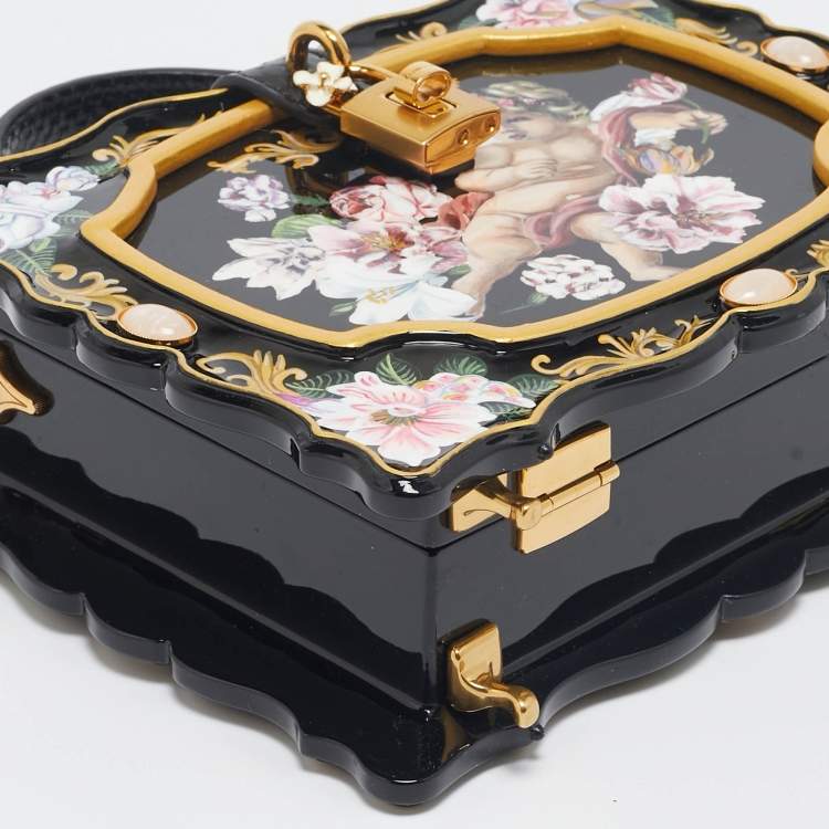 Pre Owned Dolce & Gabbana Black Rose and Cherub Painted Wood Dolce Box Top Handle Bag