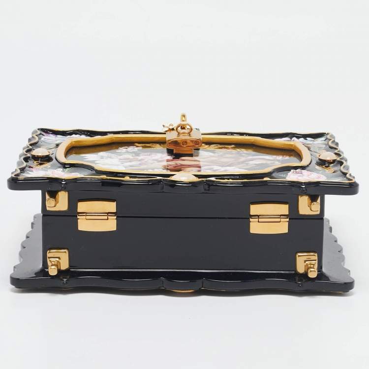 Pre Owned Dolce & Gabbana Black Rose and Cherub Painted Wood Dolce Box Top Handle Bag