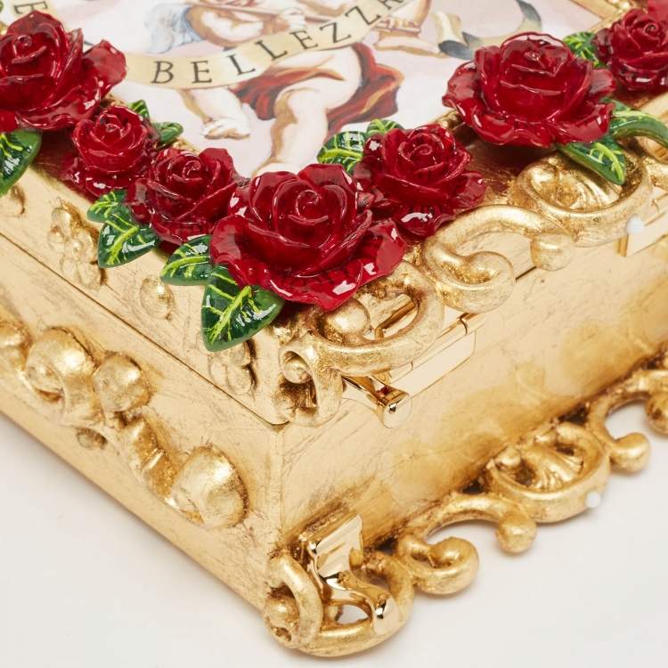 Pre Owned Dolce & Gabbana Gold/Red Rose Wood L'amore e' Bellezza Dolce Box Top Handle Bag