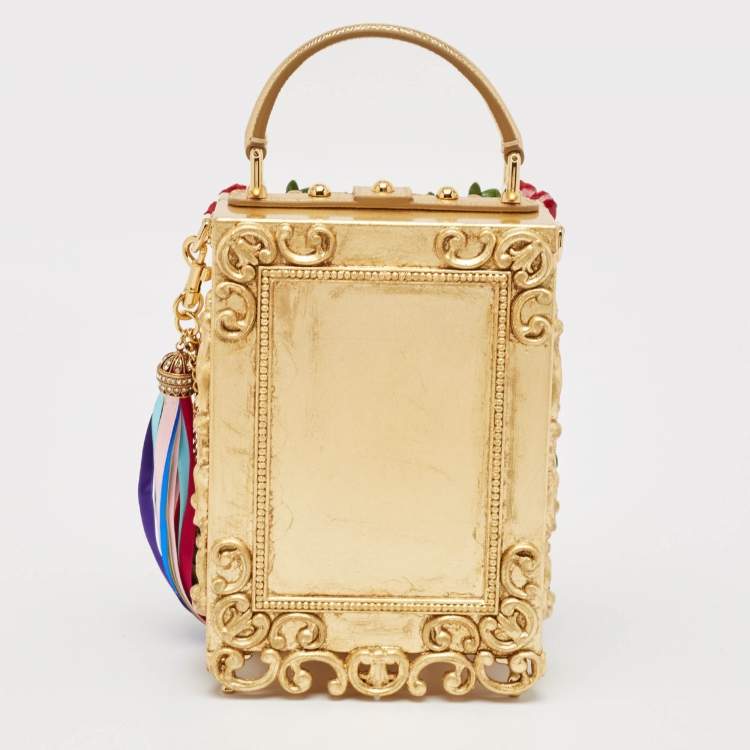 Pre Owned Dolce & Gabbana Gold/Red Rose Wood L'amore e' Bellezza Dolce Box Top Handle Bag