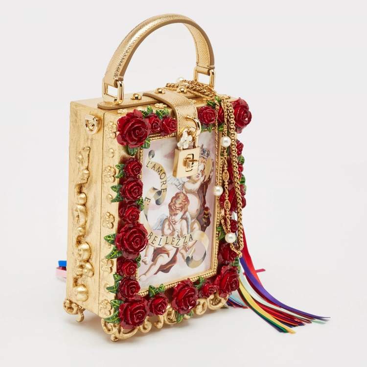 Pre Owned Dolce & Gabbana Gold/Red Rose Wood L'amore e' Bellezza Dolce Box Top Handle Bag