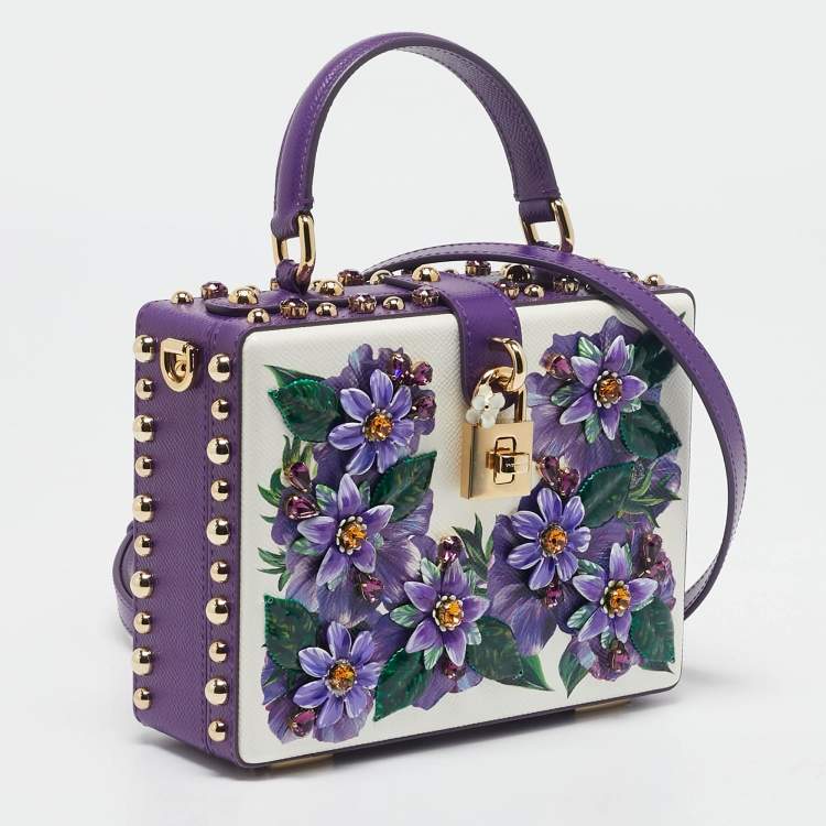 Pre Owned Dolce & Gabbana Purple/White Leather Floral Embellished Dolce Box Top Handle Bag