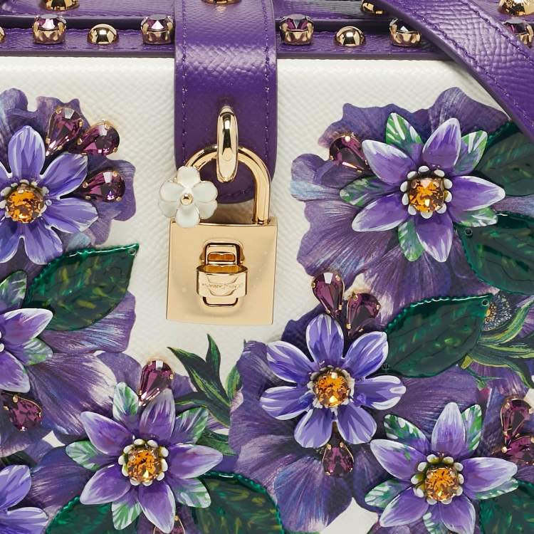 Pre Owned Dolce & Gabbana Purple/White Leather Floral Embellished Dolce Box Top Handle Bag