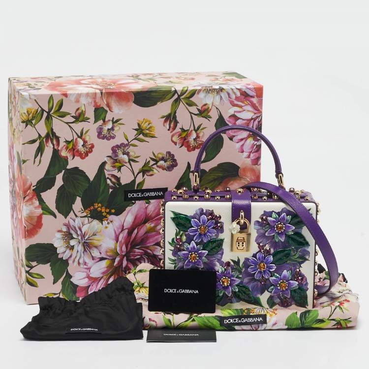 Pre Owned Dolce & Gabbana Purple/White Leather Floral Embellished Dolce Box Top Handle Bag