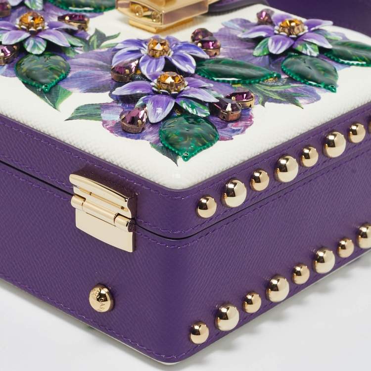 Pre Owned Dolce & Gabbana Purple/White Leather Floral Embellished Dolce Box Top Handle Bag