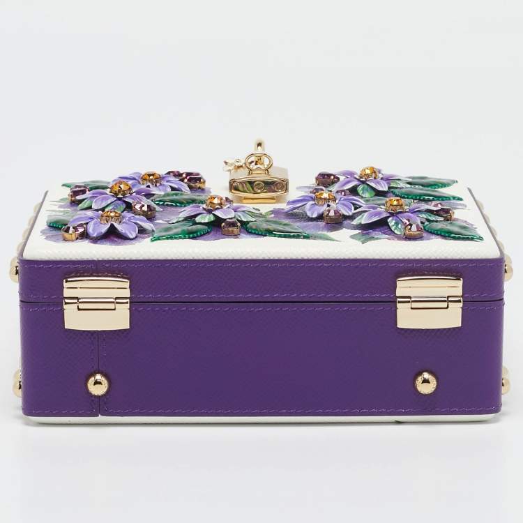 Pre Owned Dolce & Gabbana Purple/White Leather Floral Embellished Dolce Box Top Handle Bag