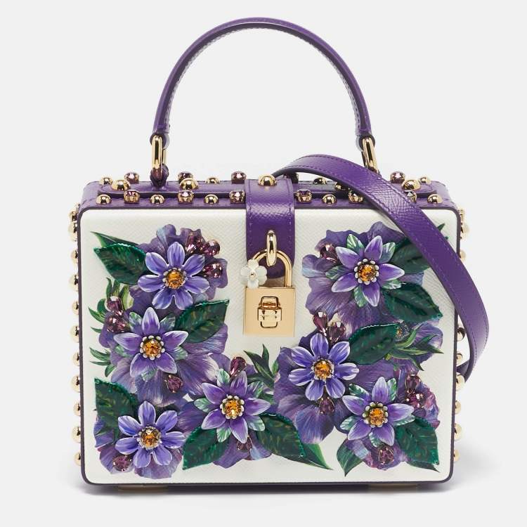 Pre Owned Dolce & Gabbana Purple/White Leather Floral Embellished Dolce Box Top Handle Bag