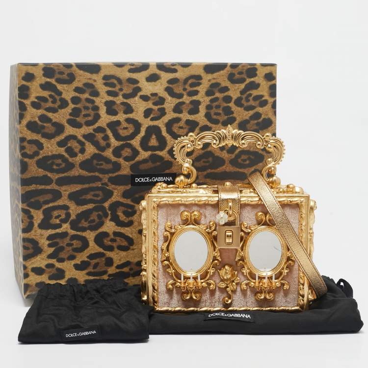 Pre Owned Dolce & Gabbana Gold/Beige Wood and Velvet Mirror Box Regine Top Handle Bag