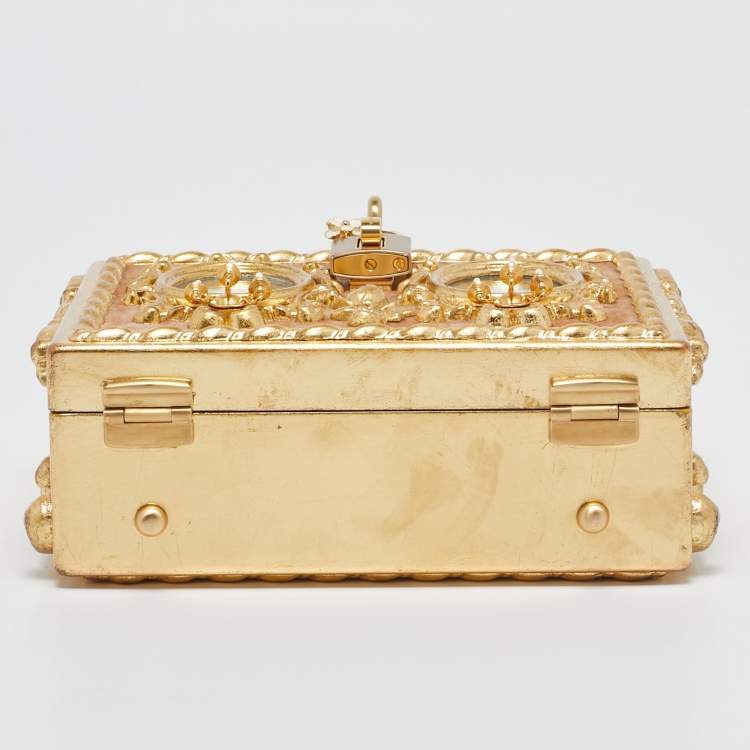 Pre Owned Dolce & Gabbana Gold/Beige Wood and Velvet Mirror Box Regine Top Handle Bag