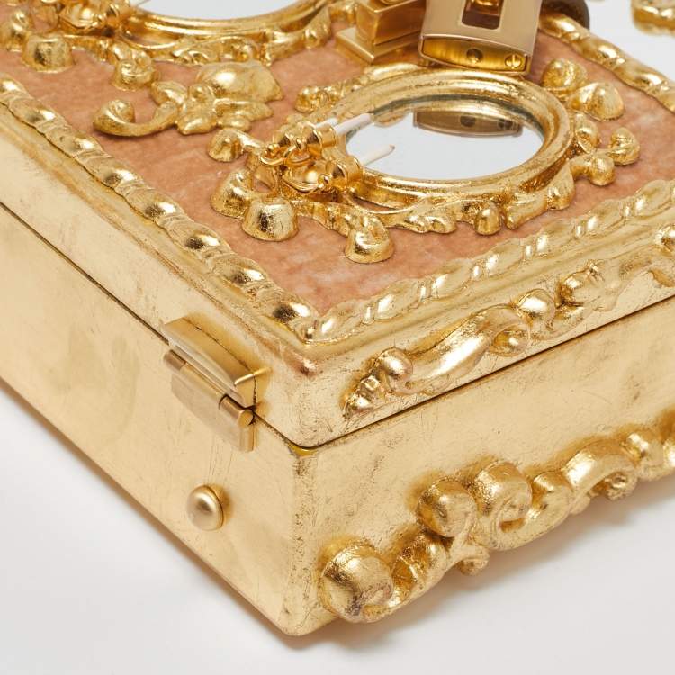 Pre Owned Dolce & Gabbana Gold/Beige Wood and Velvet Mirror Box Regine Top Handle Bag