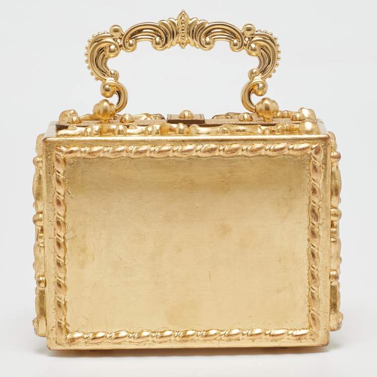 Pre Owned Dolce & Gabbana Gold/Beige Wood and Velvet Mirror Box Regine Top Handle Bag