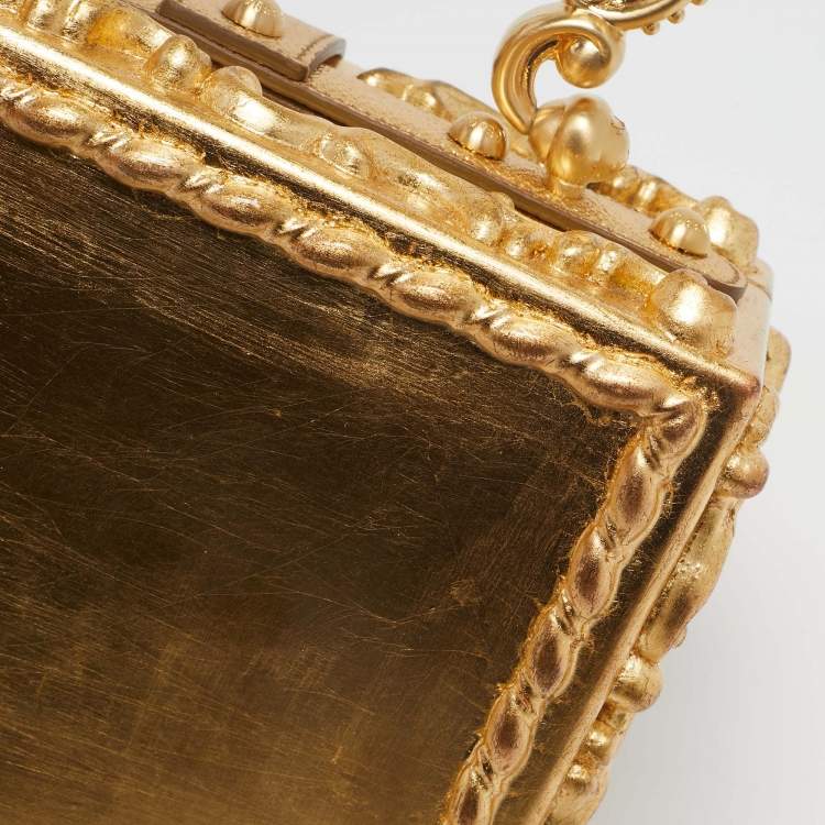 Pre Owned Dolce & Gabbana Gold/Beige Wood and Velvet Mirror Box Regine Top Handle Bag
