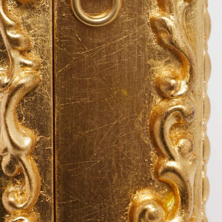Pre Owned Dolce & Gabbana Gold/Beige Wood and Velvet Mirror Box Regine Top Handle Bag