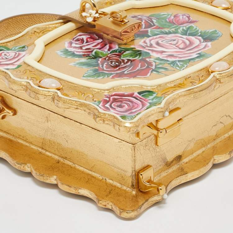 Pre Owned Dolce & Gabbana Gold/Red Rose Painted Wood Dolce Box Top Handle Bag