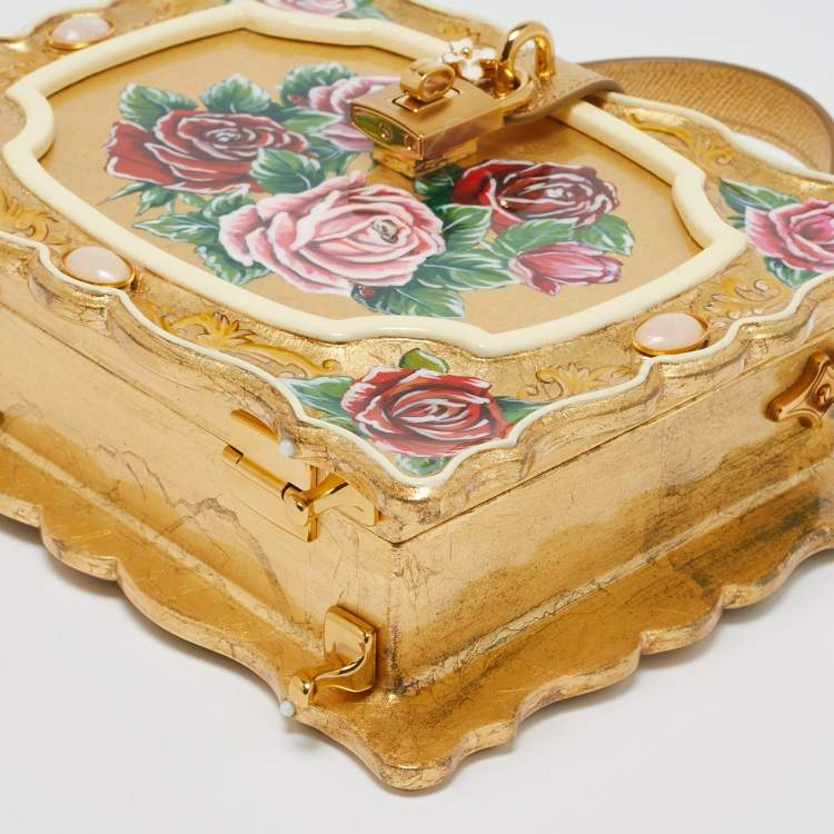 Pre Owned Dolce & Gabbana Gold/Red Rose Painted Wood Dolce Box Top Handle Bag