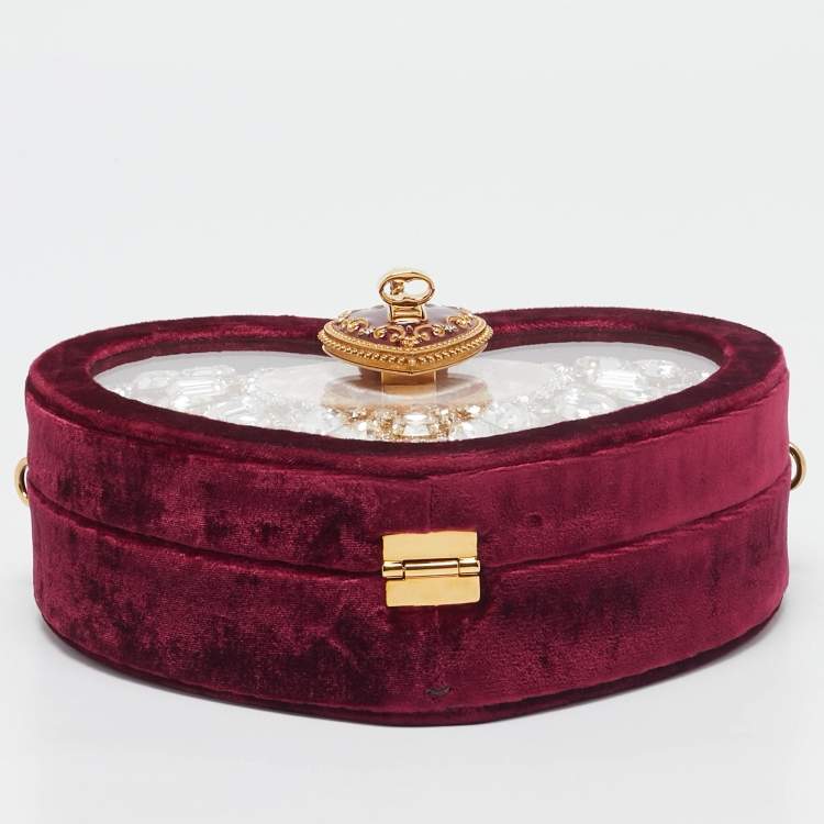 Pre Owned Dolce & Gabbana Burgundy Velvet & Snakeskin Crystal My Heart Box Top Handle Bag