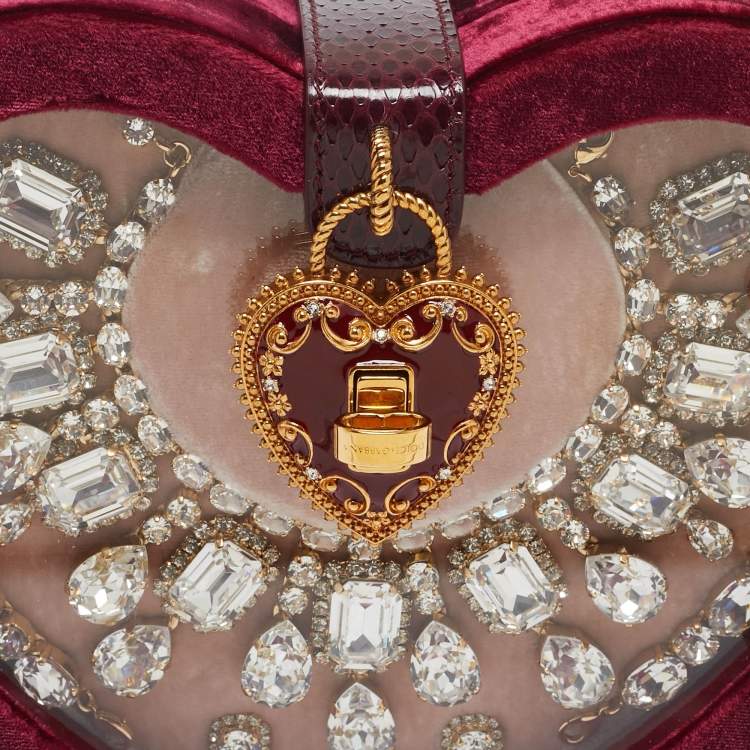 Pre Owned Dolce & Gabbana Burgundy Velvet & Snakeskin Crystal My Heart Box Top Handle Bag