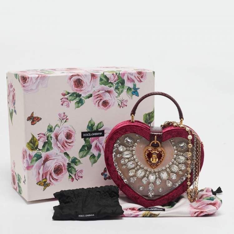 Pre Owned Dolce & Gabbana Burgundy Velvet & Snakeskin Crystal My Heart Box Top Handle Bag