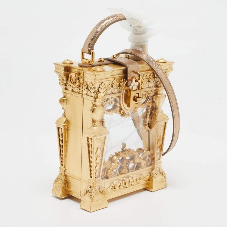 Pre Owned Dolce & Gabbana Gold Wood Acrylic Baroque Box Top Handle Bag