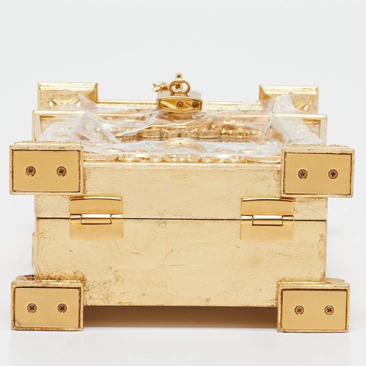 Pre Owned Dolce & Gabbana Gold Wood Acrylic Baroque Box Top Handle Bag
