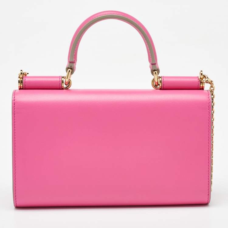 Pre Owned Dolce & Gabbana Pink Leather Sicily Phone Chain Bag
