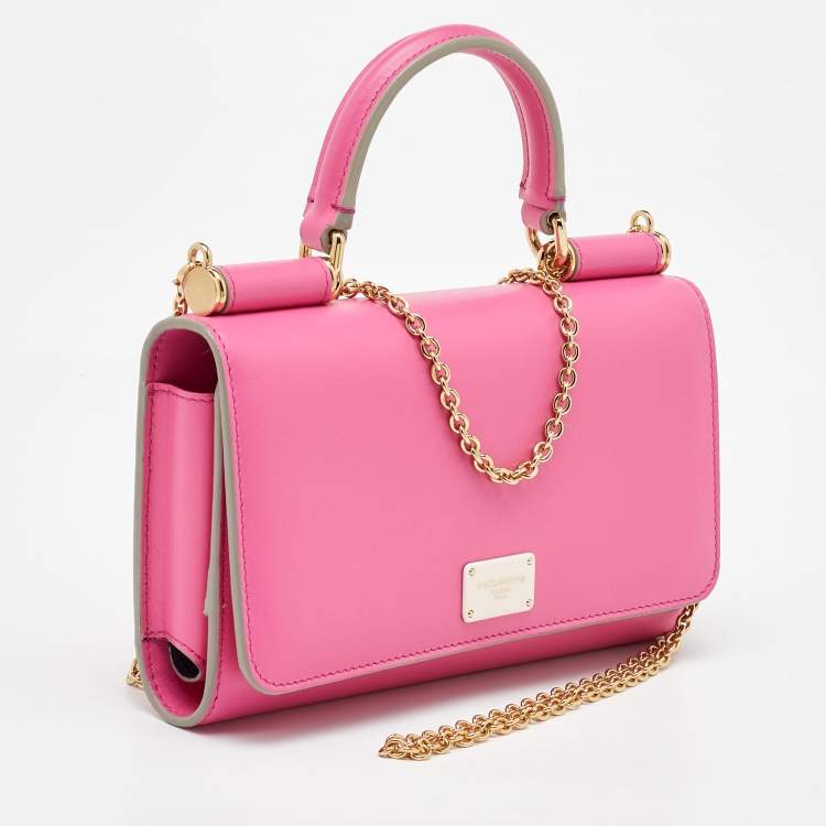 Pre Owned Dolce & Gabbana Pink Leather Sicily Phone Chain Bag