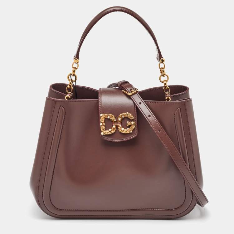 Pre Owned Dolce & Gabbana Brown Leather DG AMORE Top Handle Bag