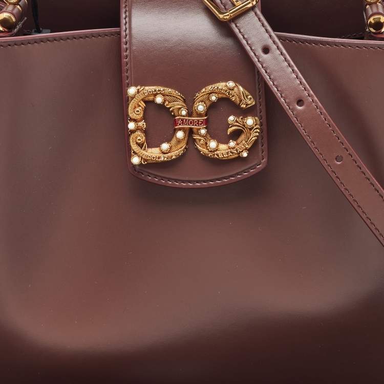 Pre Owned Dolce & Gabbana Brown Leather DG AMORE Top Handle Bag