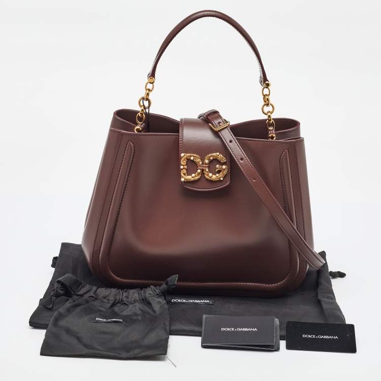 Pre Owned Dolce & Gabbana Brown Leather DG AMORE Top Handle Bag