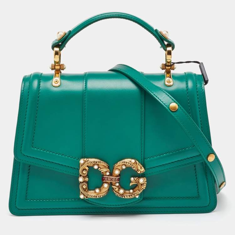 Pre Owned Dolce & Gabbana Green Leather DG Amore Top Handle Bag