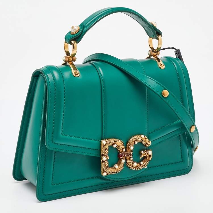 Pre Owned Dolce & Gabbana Green Leather DG Amore Top Handle Bag