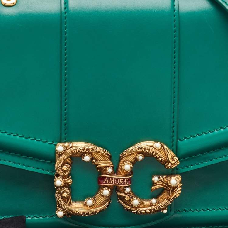 Pre Owned Dolce & Gabbana Green Leather DG Amore Top Handle Bag