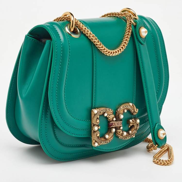 Pre Owned Dolce & Gabbana Green Leather Small Amore Crossbody Bag