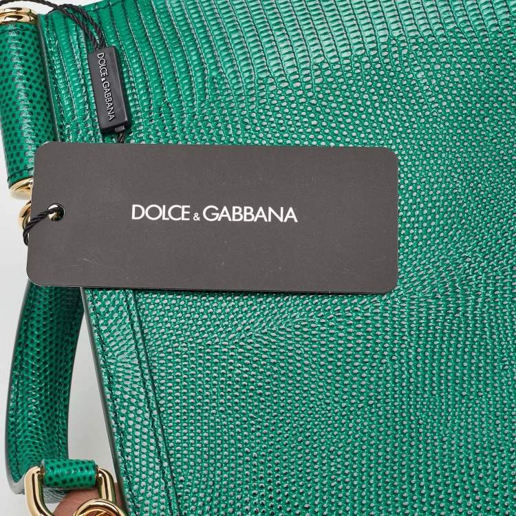 Pre Owned Dolce & Gabbana Green Iguana Embossed Leather Crystal DG Logo Medium Miss Sicily Bag