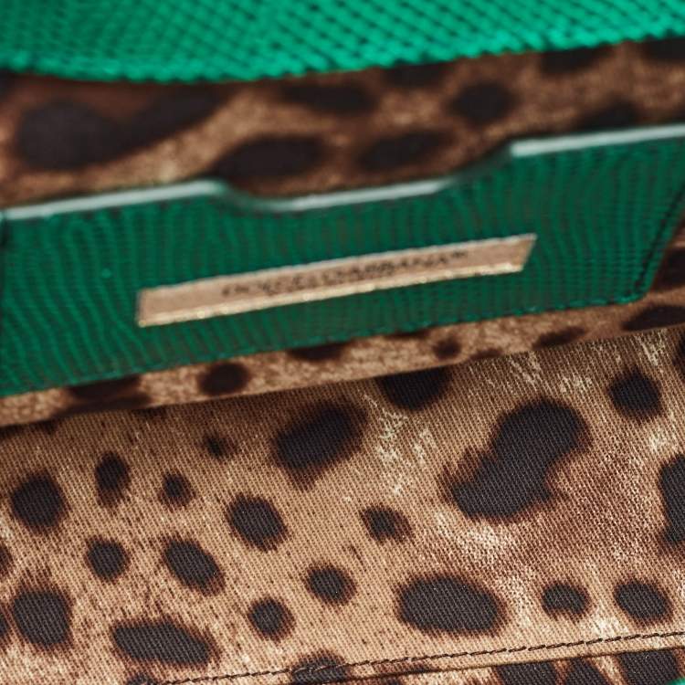 Pre Owned Dolce & Gabbana Green Iguana Embossed Leather Crystal DG Logo Medium Miss Sicily Bag